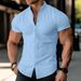 Men's Clothing New Summer European And American Men's Shirt Blue Teenager Home Solid Color Short Sleeved Lapel Shirt Cotton And Linen Top_viptrois.com