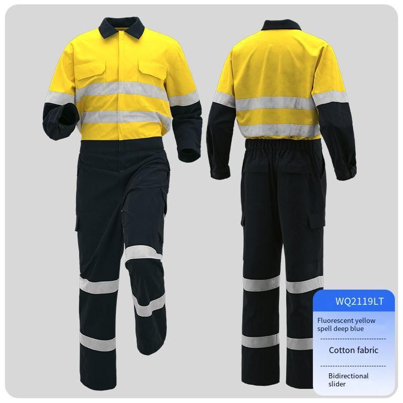 High-Visibility Cotton Coverall Workwear With Reflective Strips - Fluorescent Yellow/Orange Navy Blue - S-5xl (Unisex Industrial Safety Jumpsuit)_viptrois.com
