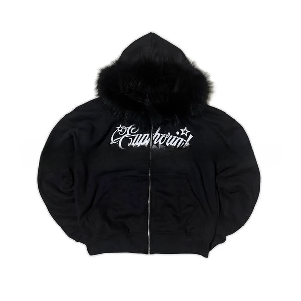 Y2K Men's Long Sleeved Cardigan Zipper Embroidered Fur Collar Loose Fitting Sweatshirt Punk Dark Street Style Hoodie_viptrois.com