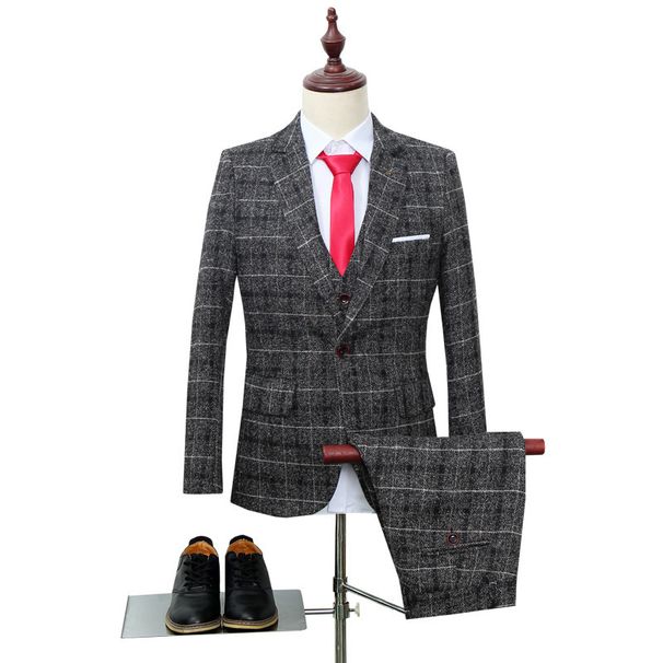 Men's clothing suit three-piece style slim British casual groom's wedding dress plaid small suit for men_viptrois.com