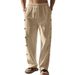 Linen Spring/Autumn American Style Men's Drawstring Vertical Button Solid Color Breathable Comfort Loose Straight Leg Casual Pants_viptrois.com