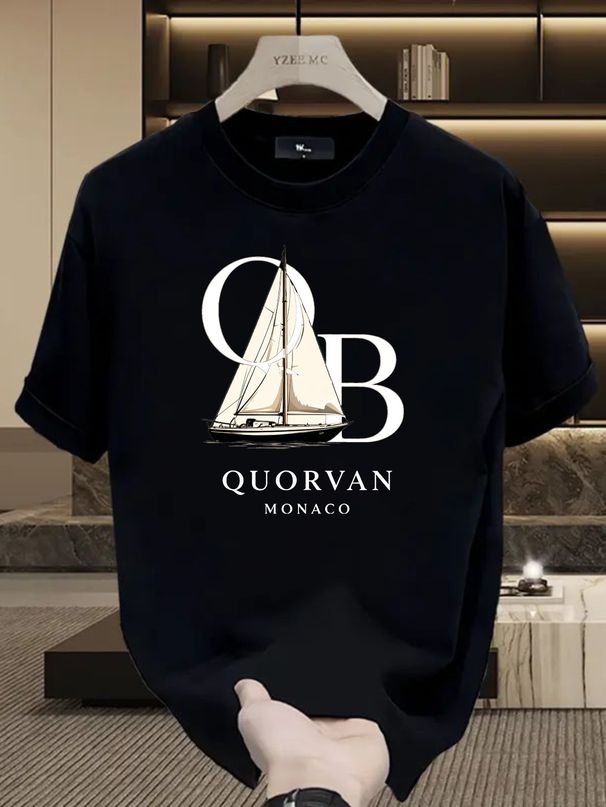Men's 100% Cotton QUORVAN MONACO QB Letter Sailboat Print T-shirt Summer Casual Round Neck Regular Fit Nautical Luxury Short Sleeve Graphic Tee_viptrois.com