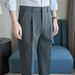 Summer Thin Yarn Dyed Dress Pants for Young Men Semi Elastic Waist Slim Straight Leg Drapey Casual Style_viptrois.com