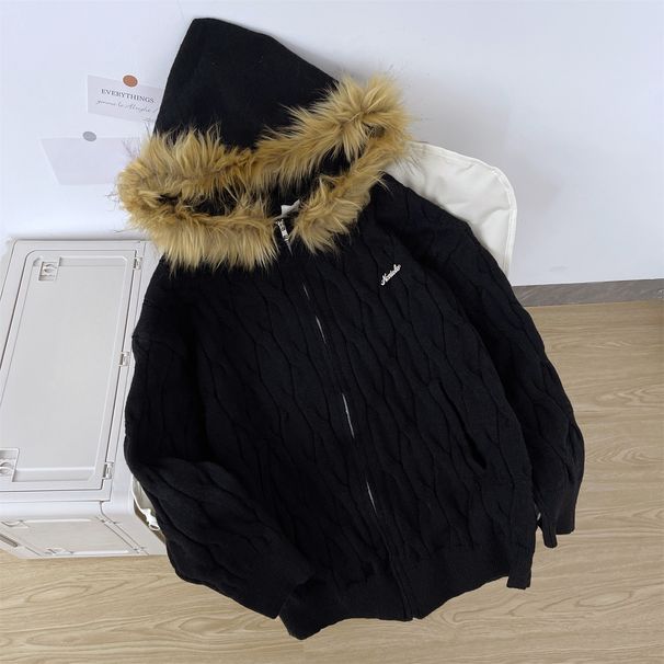 Retro Cable-Knit Hooded Cardigan Sweater – Unisex Oversized Pullover (Fleece-Lined, Winter-Ready, College Style)_viptrois.com