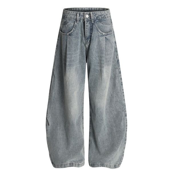 Washed Vintage Scimitar Jeans For Men Street Style Rivet Pleated Design Loose Fit Wide Leg Pants_viptrois.com