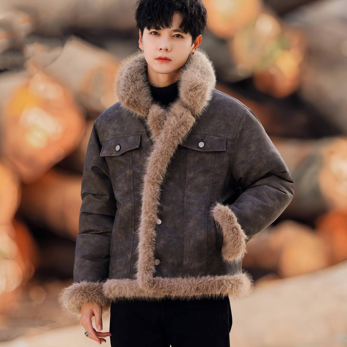 Men's Clothing Warm Coat Fur And Leather One Piece Large Fur Collar Lapel Velvet Jacket Casual Fashion Cotton Coat Warm_viptrois.com