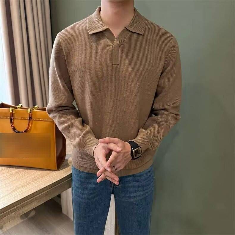 Premium Knit Polo Shirt For Men - Classic British Style Business Casual V-Neck Sweater With Ribbed Hem (White/Black/Brown)_viptrois.com