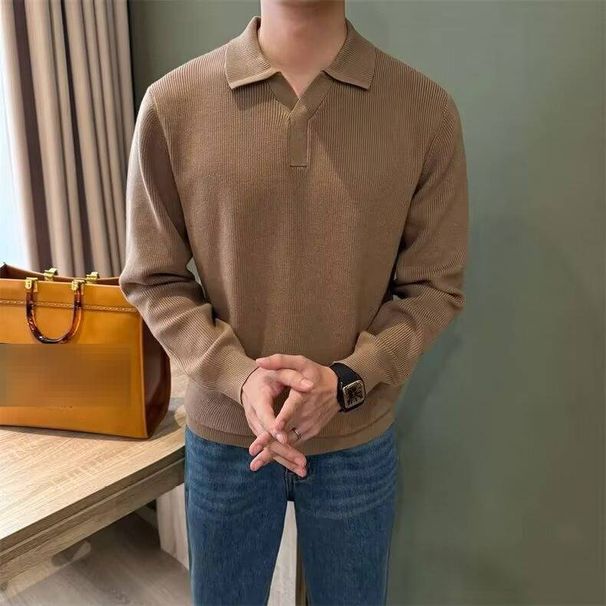 Premium Knit Polo Shirt For Men - Classic British Style Business Casual V-Neck Sweater With Ribbed Hem (White/Black/Brown)_viptrois.com
