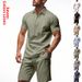 Men's Linen Suit Set Summer Casual Breathable Two Piece Polo Shirt Set Loose Fit_viptrois.com