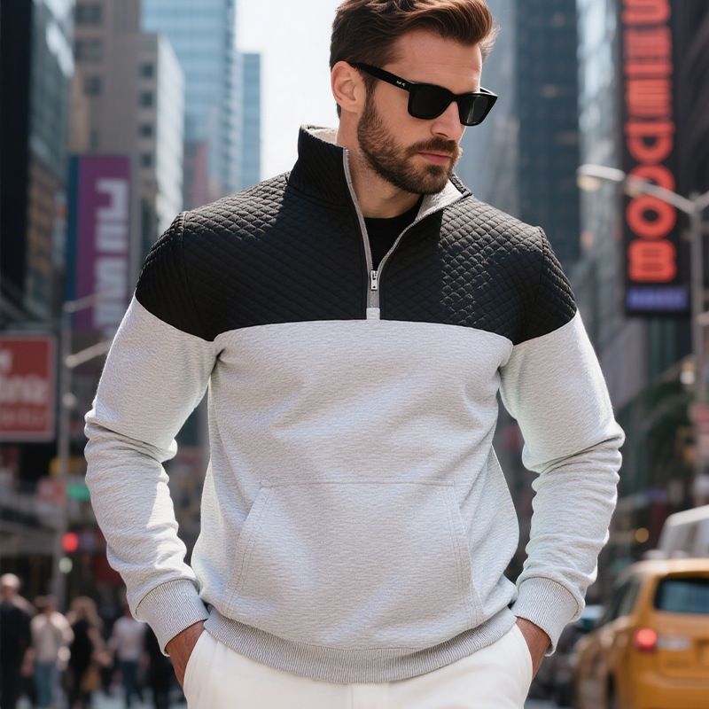Men’s Diamond Jacquard Zip-Up Sweatshirt – Heavyweight Stand Collar Pullover With Color Blocking (S-XXXL, 250g Fabric)_viptrois.com