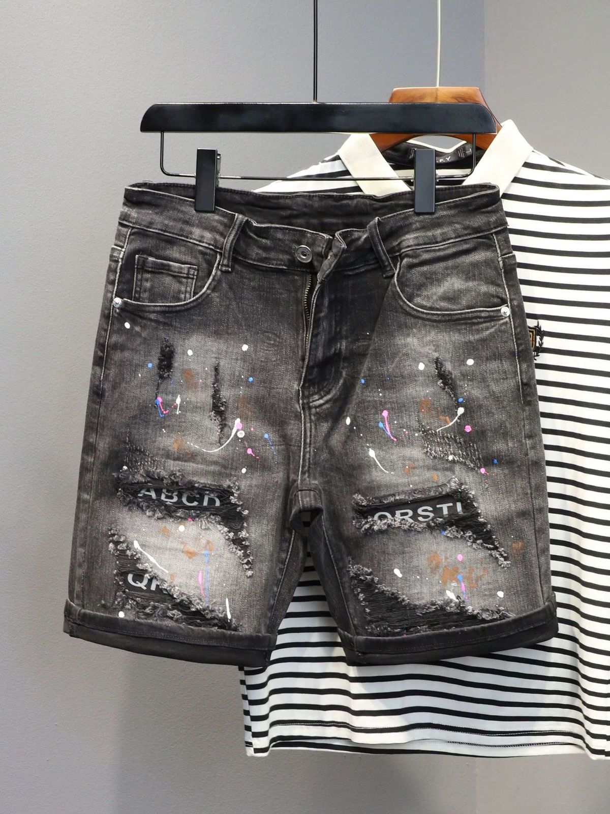 Men's Clothing Spring And Summer New D2 Fashion Men's Washed Shorts Distressed Slim Fit Small Feet Dark Gray Black Denim Shorts Men_viptrois.com