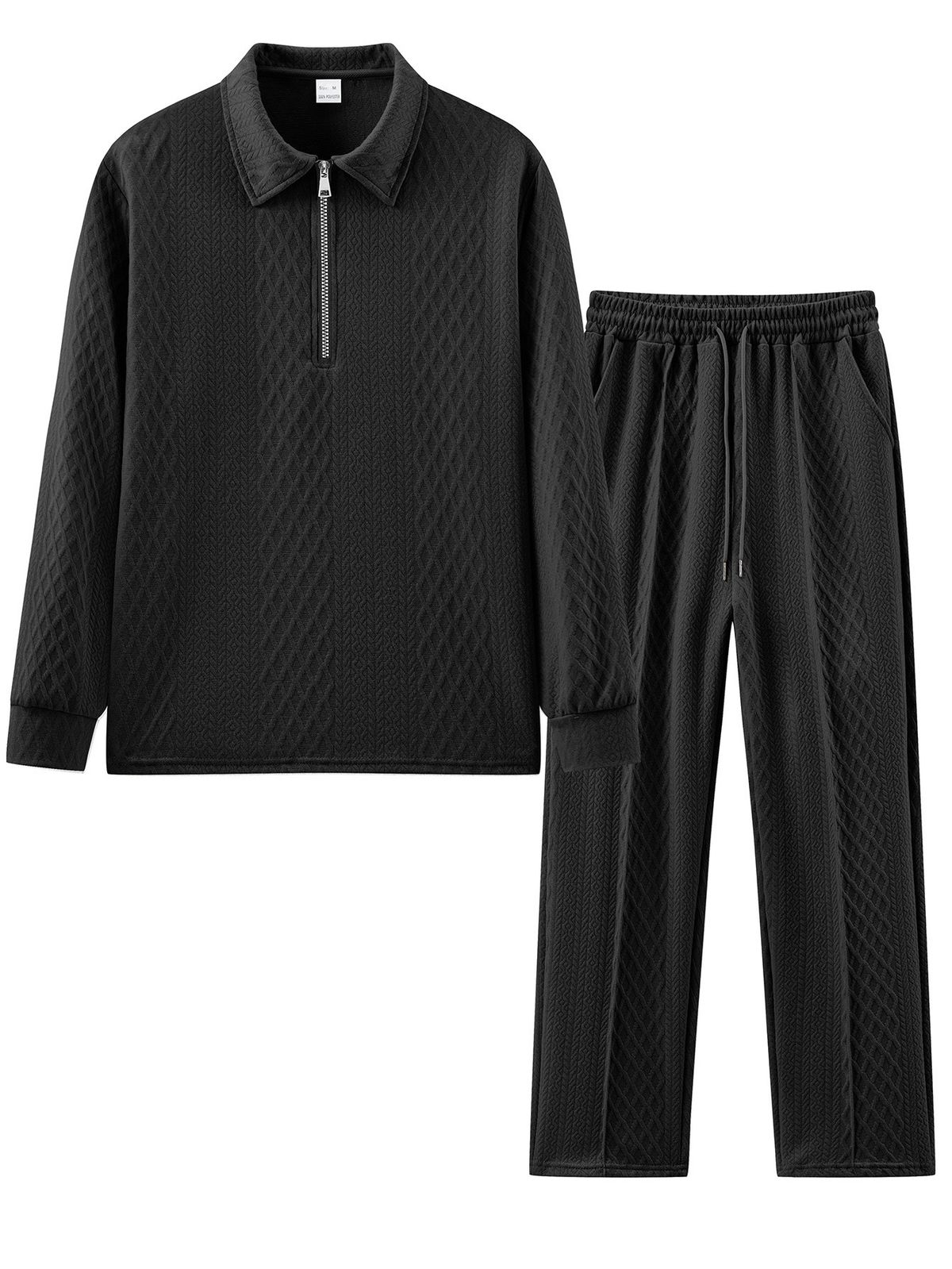 Men's Casual Two-Piece Set Jacquard Polo Shirt With Tapered Pants For Spring/Autumn (Khaki, Black, White, Dark Grey) S-3xl_viptrois.com