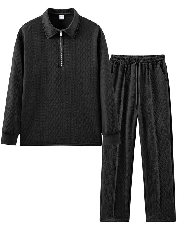 Men's Casual Two-Piece Set Jacquard Polo Shirt With Tapered Pants For Spring/Autumn (Khaki, Black, White, Dark Grey) S-3xl_viptrois.com