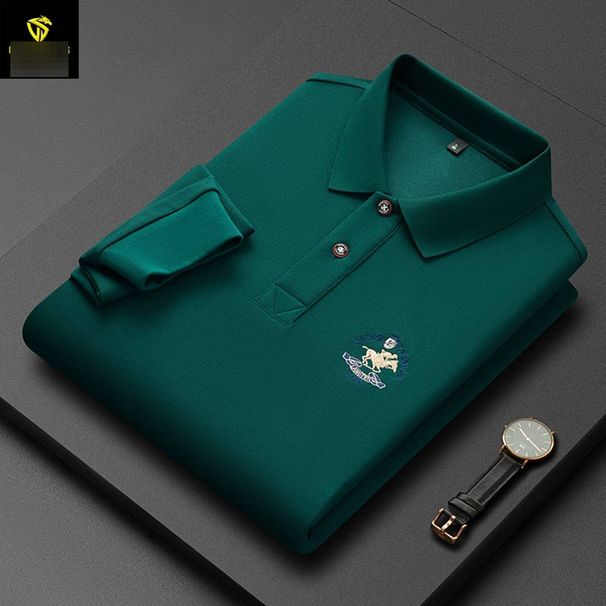 Men's Memory Foam Polo Shirt – Embroidered Lapel, Long Sleeve, 240g Comfort Fit (Black/White/Purple Red/Royal Blue_viptrois.com