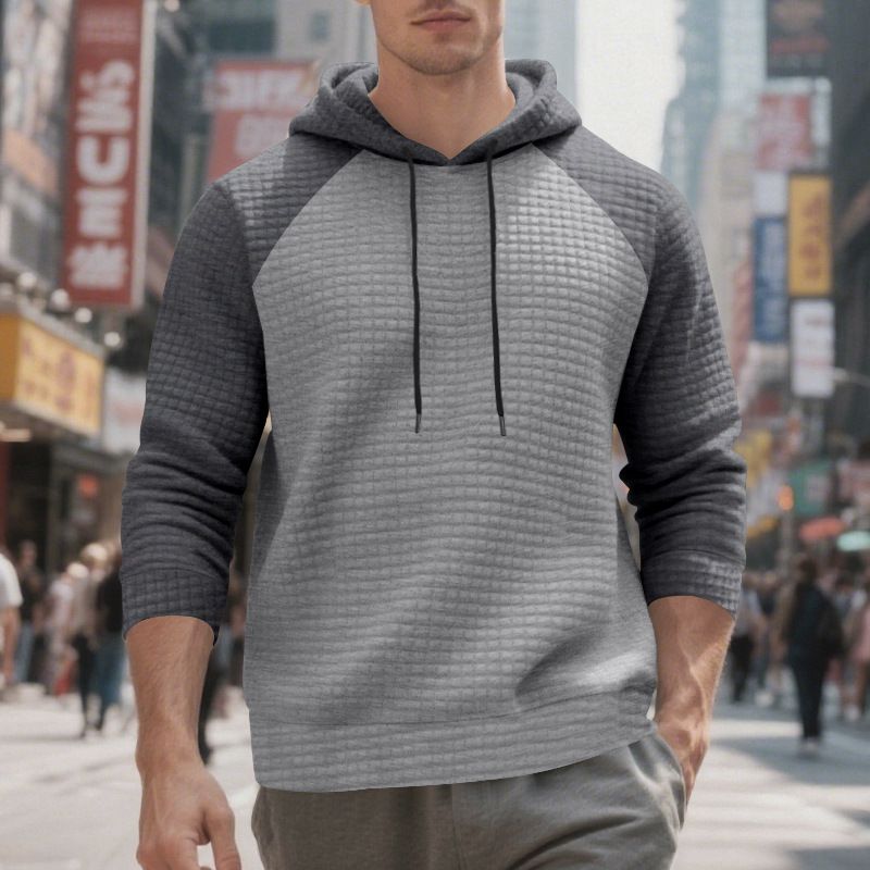 Men's Color Block Small Check Slim Fit Hooded Sweatshirt Casual American Style Polyester Top For Winter Black Gray_viptrois.com