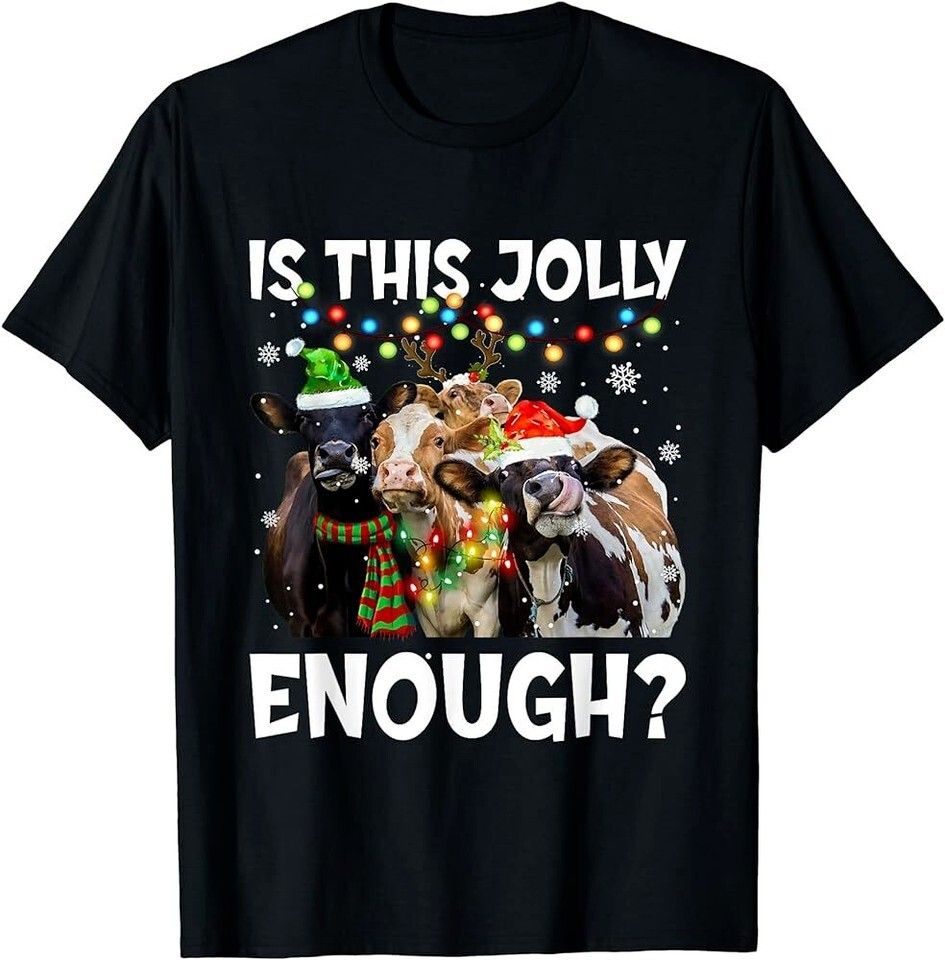 Funny Is This Jolly Enough Cow Merry Christmas Light Santa T-Shirt Mens Womens Tees Top Tops Tee_viptrois.com