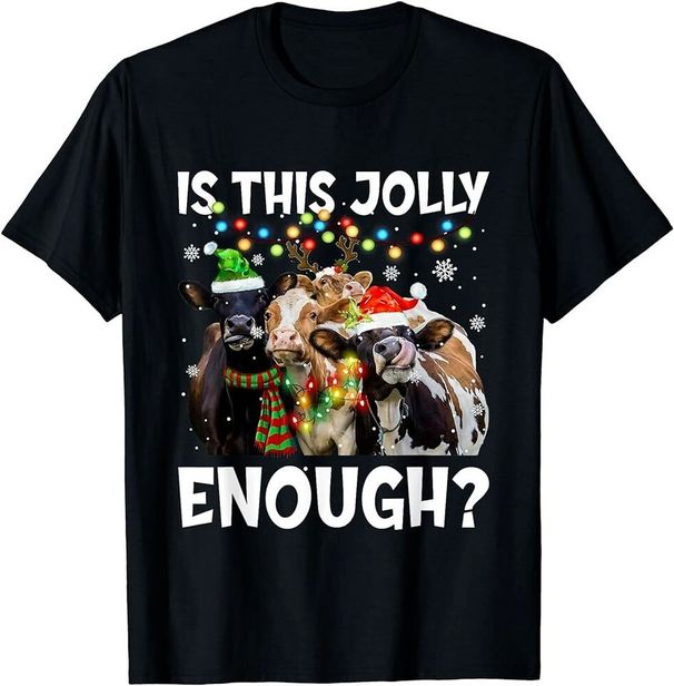 Funny Is This Jolly Enough Cow Merry Christmas Light Santa T-Shirt Mens Womens Tees Top Tops Tee_viptrois.com
