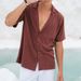Men's Clothing Spring And Summer New Deep V Design Lapel Shirt Men's Casual Basic Solid Color Tops_viptrois.com