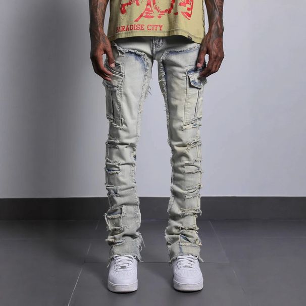 2026 Cross-Border New Men's European And American Street Fashion Ins Hot Elastic Patch Denim Straight Pants_viptrois.com