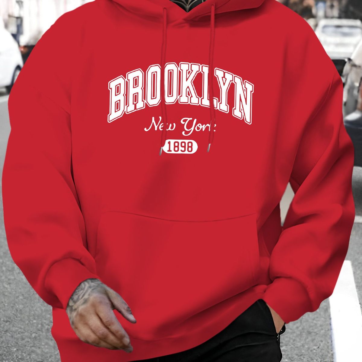 Men's Autumn And Winter Casual Fashion Loose Hooded Sweatshirt Brooklyn Letter Print 1898 Pattern Print Warm Long Sleeved Pullover_viptrois.com