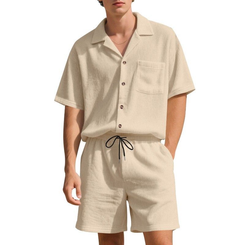Men's Summer Casual Shirt And Shorts Set Loose Fit Simple Americana Corduroy Short Sleeved Suit American Style_viptrois.com