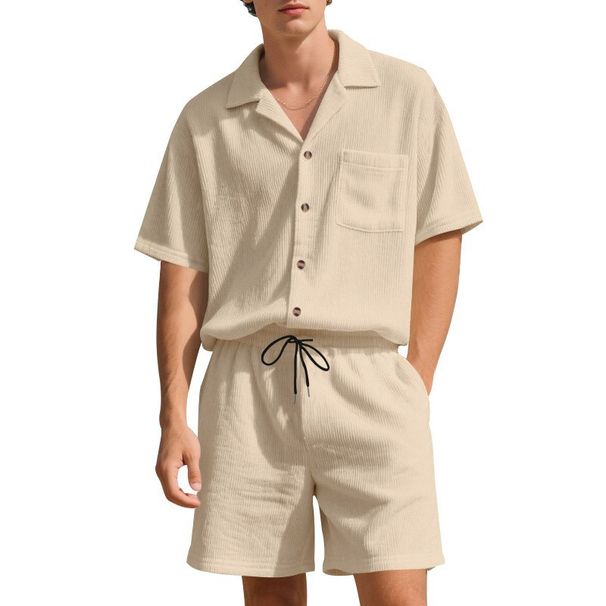 Men's Summer Casual Shirt And Shorts Set Loose Fit Simple Americana Corduroy Short Sleeved Suit American Style_viptrois.com