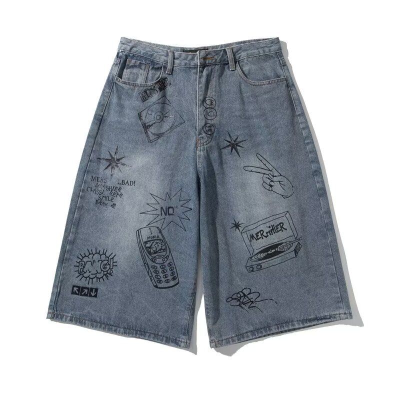 Wahed Graffiti Denim Short For Men, Summer Thin Mid-Length American Street Style Veratile Looe Straight Cropped_viptrois.com