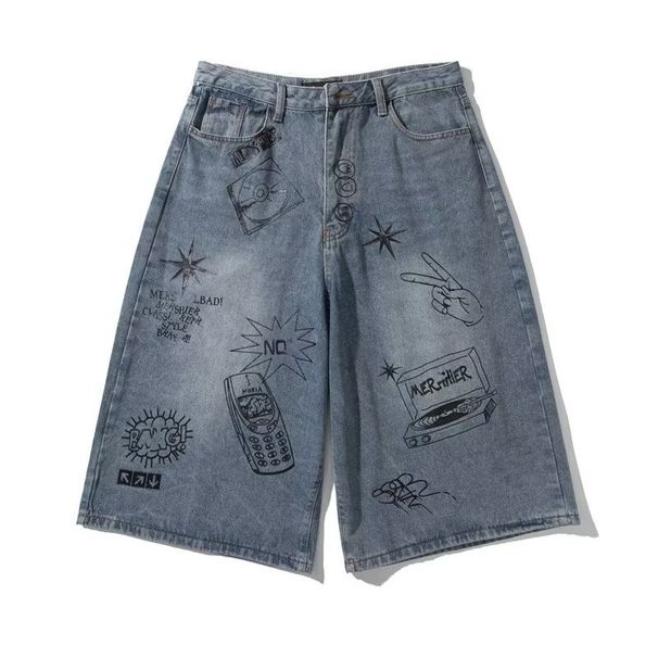 Wahed Graffiti Denim Short For Men, Summer Thin Mid-Length American Street Style Veratile Looe Straight Cropped_viptrois.com