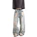 Light Blue Washed Ripped Beggar Pants Men And Women Loose Street Design Fashionable Jeans_viptrois.com