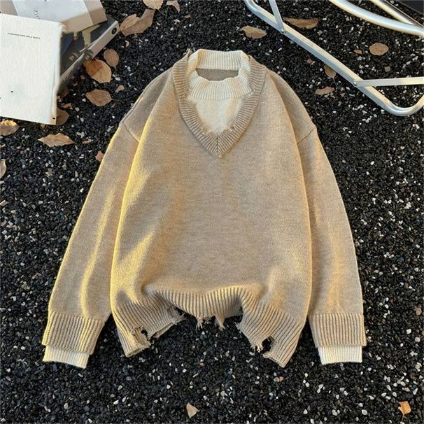 Men's Distressed V-Neck Knit Sweater – Faux Layered Pullover With Vintage Aesthetic, Relaxed Fit Crewneck Top For Casual Winter Wear"_viptrois.com