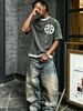 230g Vintage Washed Men T-Shirt White Round Split Geometric Interlock Symbol Print Short Sleeve Crew Neck Street Top_viptrois.com