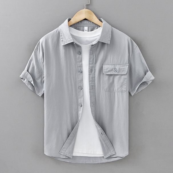 Short Sleeved Shirt Men's Summer Solid Color Lapel Casual Pure Cotton Thin Workwear Shirt Versatile Loose Fit_viptrois.com