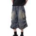 Men's Clothing Retro White Washed Multi Pocket Workwear Denim Shorts Men's Pleated Design Loose Drape Cropped Pants_viptrois.com