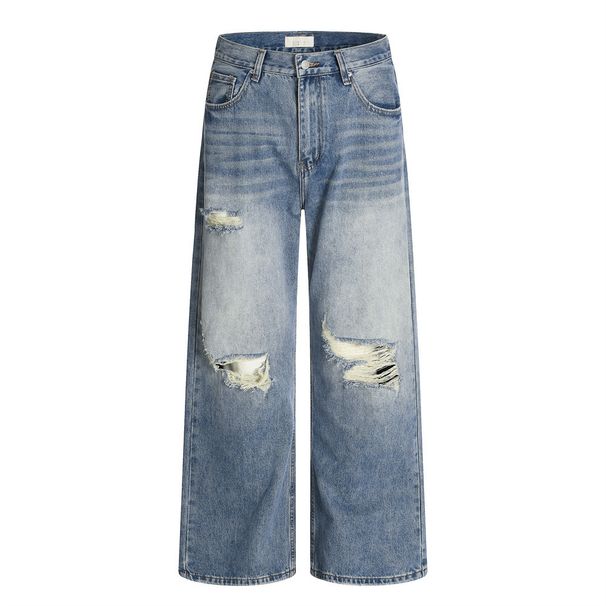 American High Street Distressed Vintage Jeans Men's Washed Gradient Wide-Leg Loose Straight Pants Trendy_viptrois.com