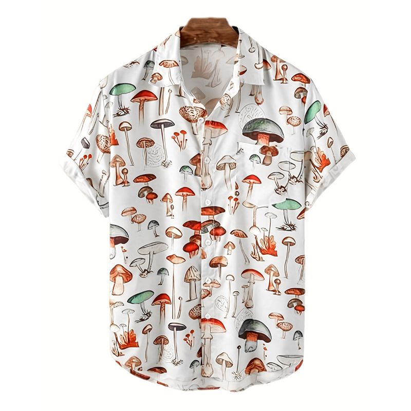 Men's Summer Short Sleeve Shirt European American Style Mushroom Print plus Size Loose Fit Beachwear_viptrois.com