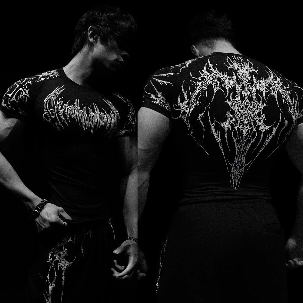 Men's Gothic Streetwear Gym T-Shirt – Oversized Dark Print Short Sleeve (Black/White With Demon Skull Design)_viptrois.com