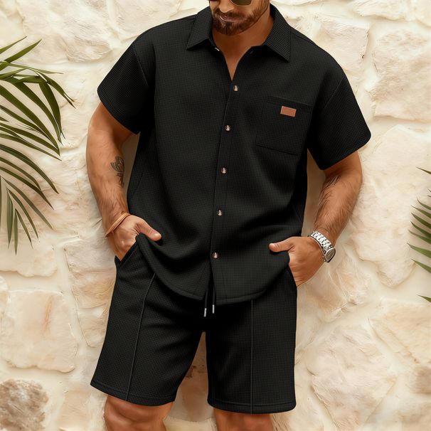 Men's Breathable Waffle Knit Loungewear Set - Short Sleeve Shirt & Shorts In Black/Grey/Khaki/White/Burgundy/Dark Green (S-XXXL)_viptrois.com