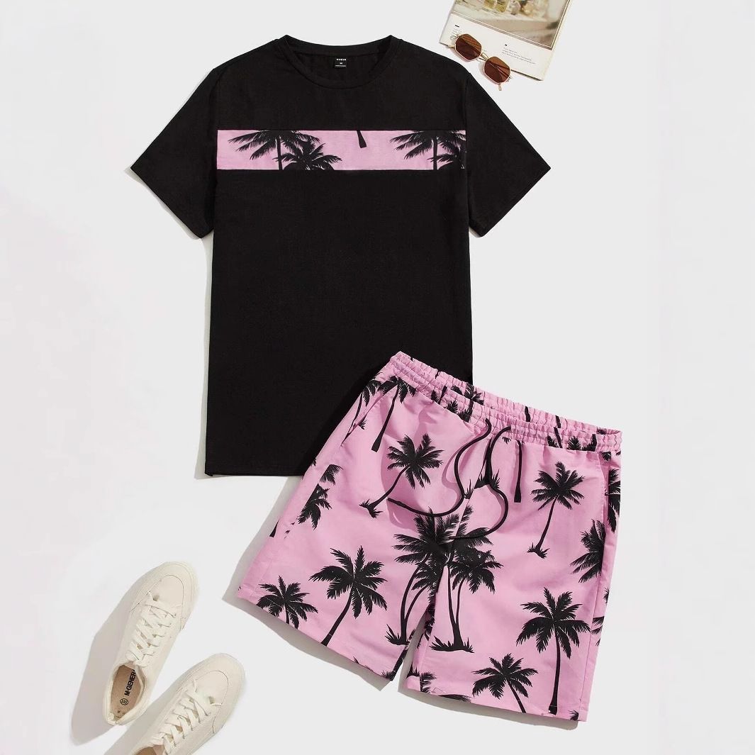 Summer Men's Casual T-Shirt With 3D Coconut Tree Pattern Printed Style For Beach Shorts Set_viptrois.com