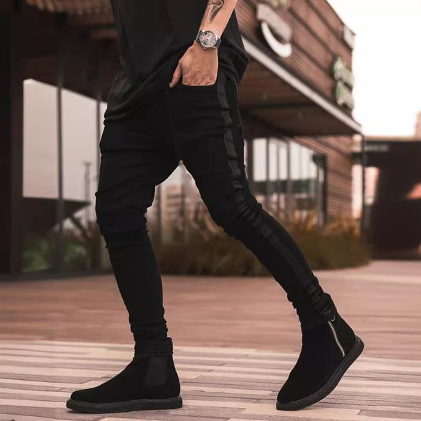 European And American INS New Style M's Dim Pants Cross-Border Trade Ripped Trdy Black Slim High-Waist Jeans For_viptrois.com