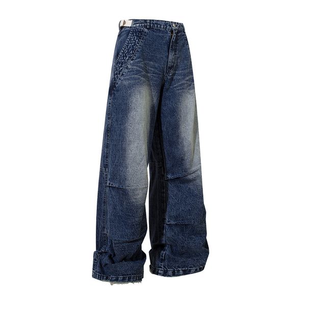 Spray Paint White Workwear Denim Men Oversize Hip Hop Trendy Wrinkled Frayed Loose Wide-Leg Straight Pants_viptrois.com