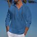 Men's Linen-Blend Hooded T-Shirt – Lightweight Long Sleeve Pullover With V-Neck, Casual Streetwear Essential (White/Black/Blue/Grey)_viptrois.com