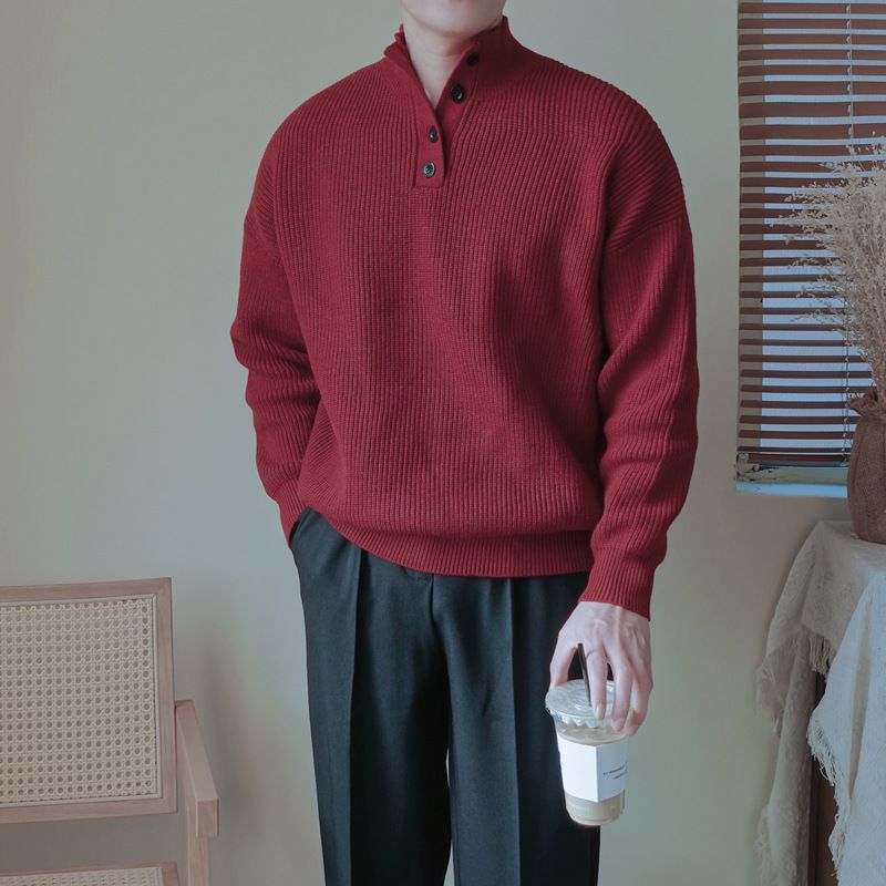 Pullover Button High Neck Loose Casual High Quality Sweater Men's Christmas Red New Year Warm Shoulder Needle_viptrois.com
