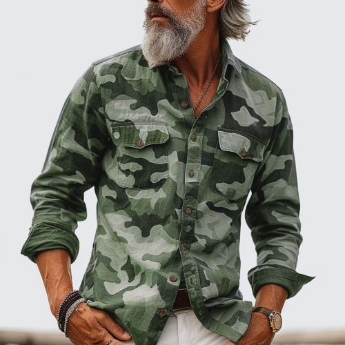 Men's Clothing Men's Printed Lapel Long Sleeved Loose Shirt Multi Pocket Casual Men's Work Shirt_viptrois.com
