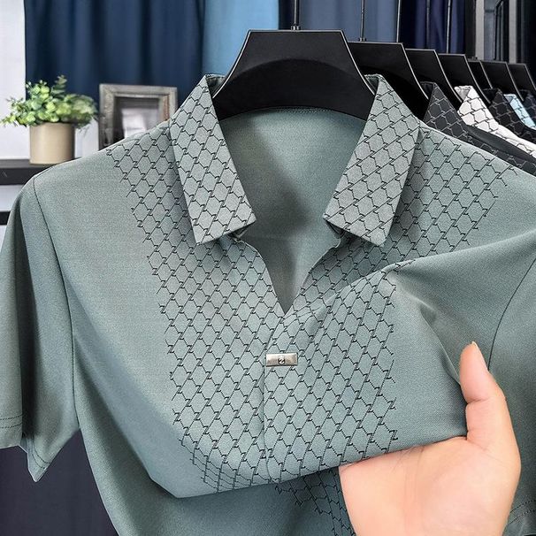 Men's Clothing Seamless Scissor Collar Polo Shirt Short Sleeved T Shirt Lapel Breathable Casual Tops_viptrois.com