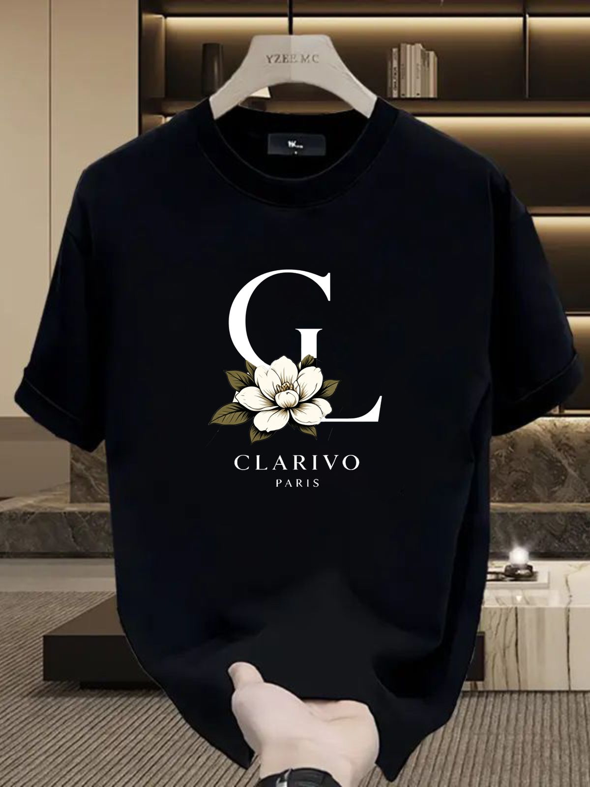 Men's 100% Cotton GL Camellia Print Tee, CLARIVO PARIS Casual Round Neck French Vintage Short Sleeve T-shirt_viptrois.com