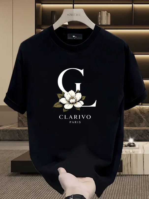 Men's 100% Cotton GL Camellia Print Tee, CLARIVO PARIS Casual Round Neck French Vintage Short Sleeve T-shirt_viptrois.com