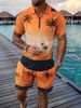 Men's 3D Digital Printed Lapel Polo Shirt And Shorts Set Casual Vacation Zipper Design_viptrois.com