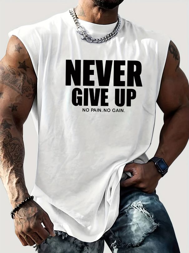 100% Pure Cotton Men's Summer Casual Sports Fitness Loose Never Give Up Letter Pattern Printed Breathable Round Neck Sleeveless Vest_viptrois.com