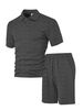 Summer Mens Solid Textured Polo Short Sleeve Top Elastic Waist Shorts Casual Tracksuit Set_viptrois.com