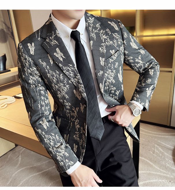 Men's Clothing autumn floral suit jacket men's suit business casual textured suit gray men's new dress banquet_viptrois.com